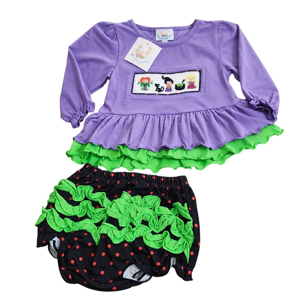 NEW Busy Bees Smocks Hocus Pocus Baby Girls 12M Halloween Tunic & Bloomers Set